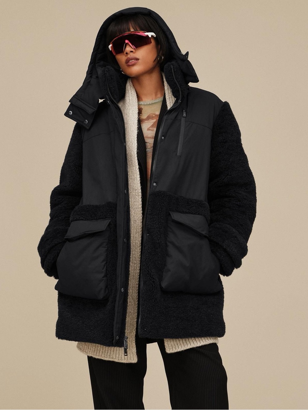 UGG Black Mixed-Media Sherpa Hooded Ski Jacket